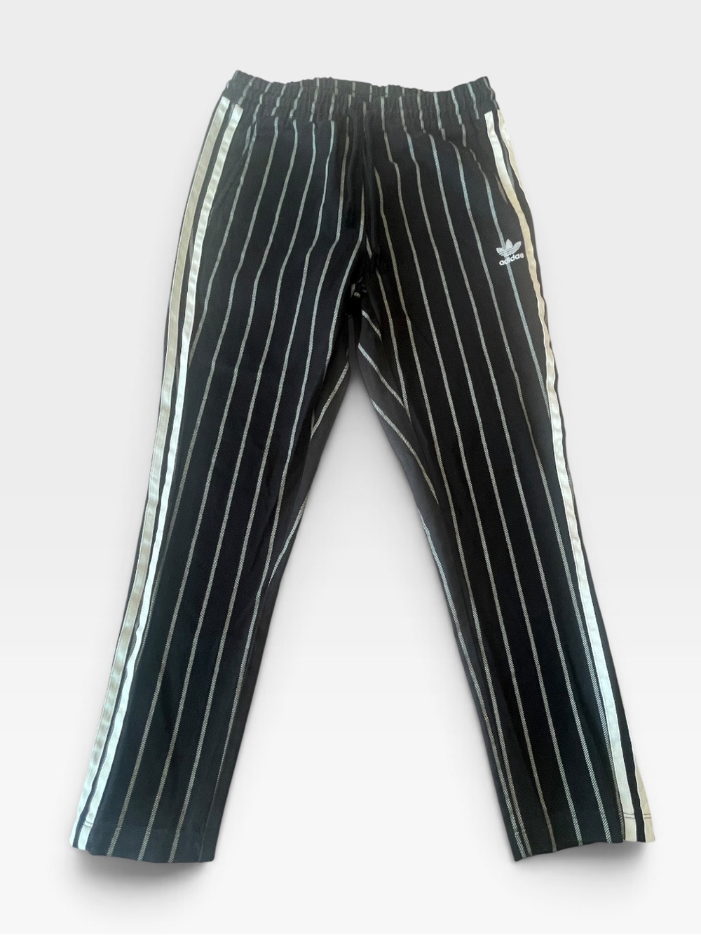 adidas Black Pinstriped Track Pants with Green Side Stripes and Trefoil